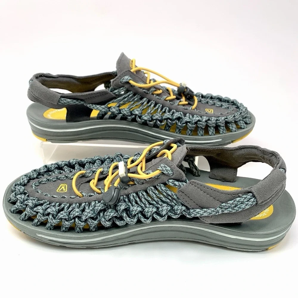 KEEN Uneek Sandals Men's 9 Grey Yellow Paracord Bungee Hiking Outdoors Slingback